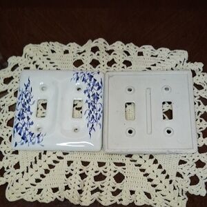White Porcelian Double Toggle Light Switch Cover with Blue Floral Accent